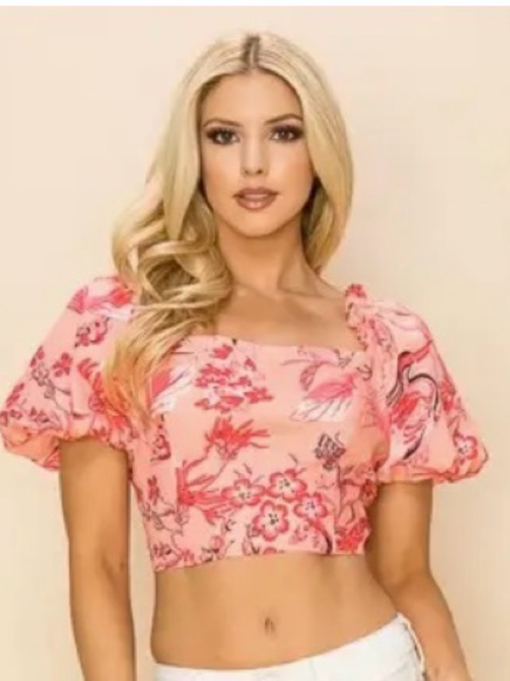 Floral Puff-Sleeve Crop Top in Coral Pink